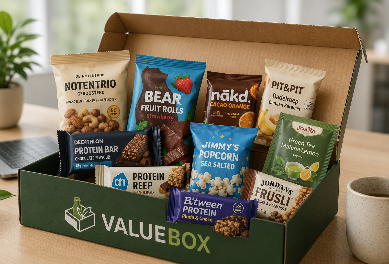 Groene ValueBox met gezonde snacks op een kantoorbureau