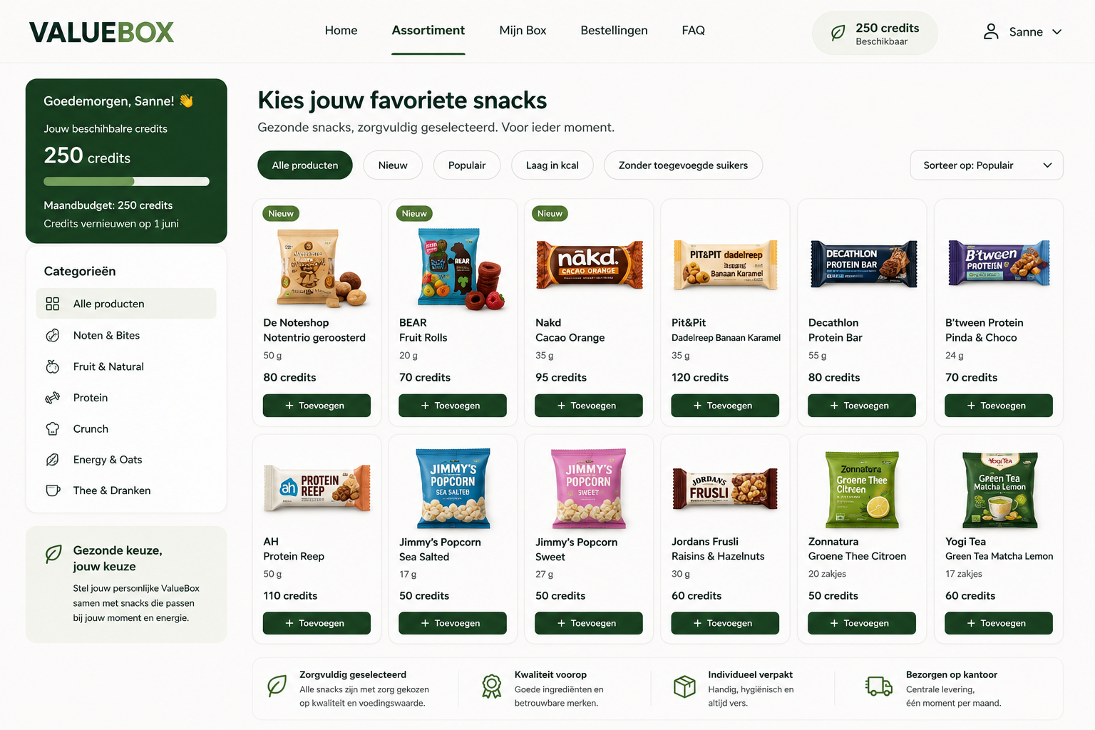 Voorbeeld van het ValueBox-medewerkersplatform met credits en producten